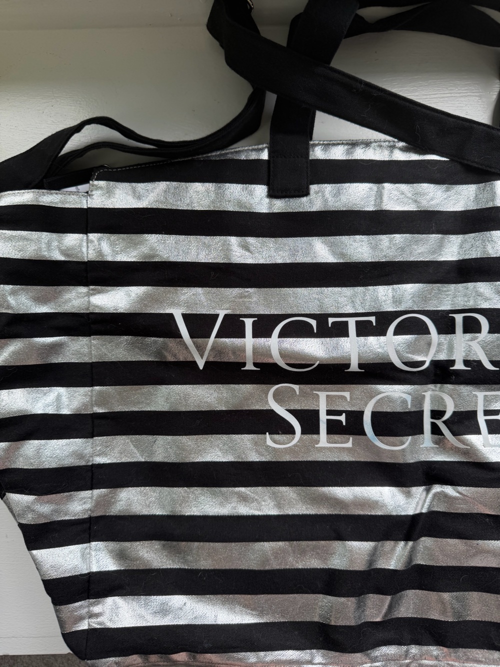 Victoria’s Secret Metallic Silver and Black Striped Tote Bag